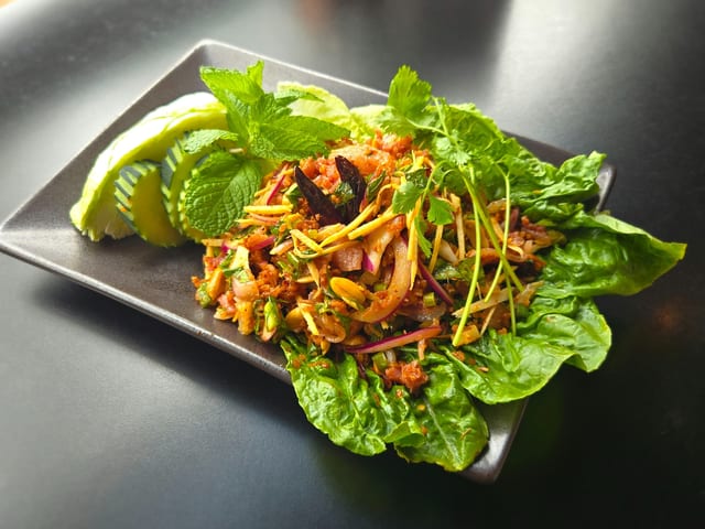 Crispy Rice with Pork Sausage Salad (Nam Koa Tod).