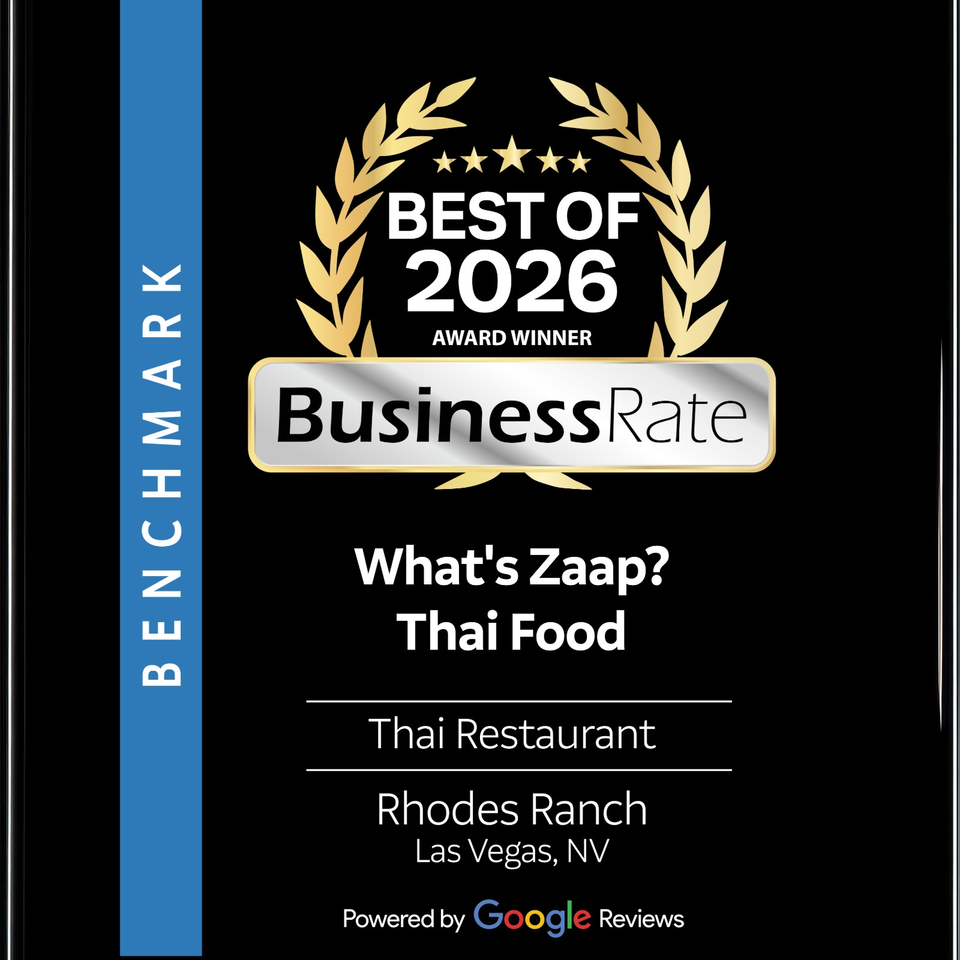 BusinessRate Best of 2026 award graphic recognizing What's Zaap? Thai Restaurant in Rhodes Ranch, Las Vegas.