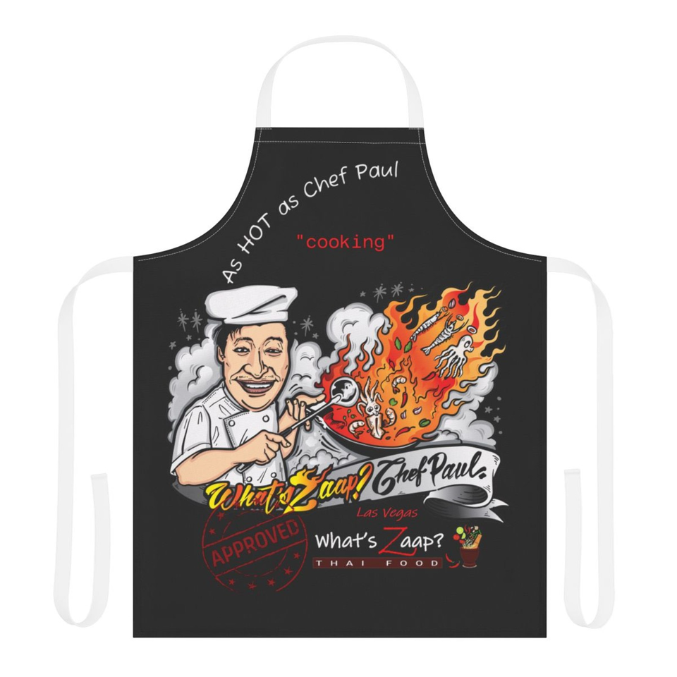 Black What's Zaap Thai Food apron featuring a chef cooking a flaming seafood dish and Las Vegas branding.