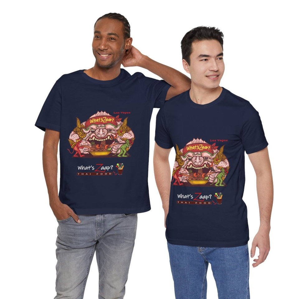 Two smiling men model navy What's Zaap Thai Food T-shirts featuring colorful Thai demon illustrations against a white background.