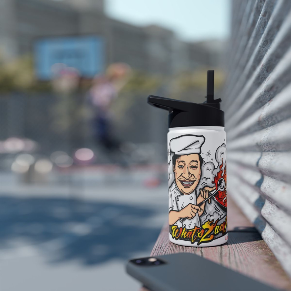 Chef-illustrated sauce bottle with black pump sits on a wooden windowsill overlooking a blurred outdoor street.